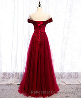 Burgundy Round Neck Tulle Sequin Long Semi Formal Prom Dress, Tulle Semi Formal Prom Dress